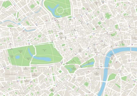 London Map. Highly detailed vector map of London. Map includes streets, parks, names of subdistricts, points of interests.
