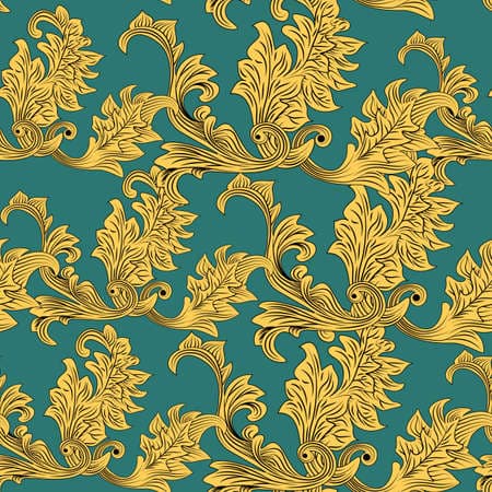 Vintage vector ornament template. Yellow victorian pattern in beautiful style on green background. Seamless fabric texture print.