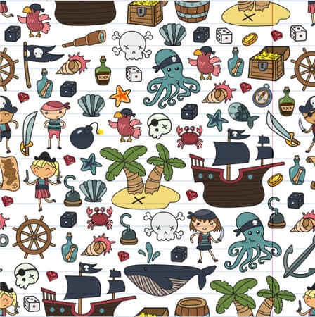 Children playing pirates Boys and girls  school, preschool, halloween party Treasure island, pirate ship, crab, parrot Adventure and travel and fun Birthday invitation