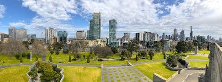 Aerial panoramic view of Melbourne skyline, Victoria, Australia.