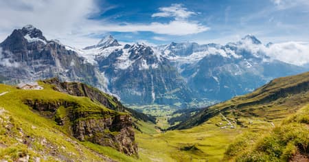 Great view of Eiger village. Picturesque and gorgeous scene. Popular tourist attraction. Location place Swiss alps, Grindelwald valley in the Bernese Oberland, Europe.