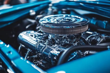 Close up view of american muscle car engine bay featuring chrome air filter and polished components