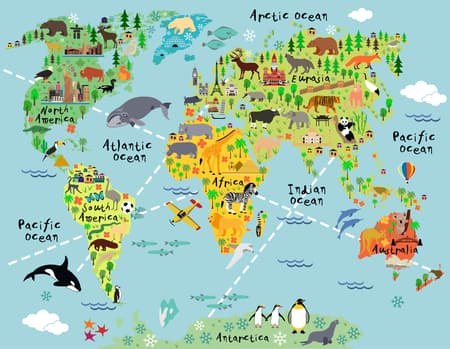 Cartoon world map with landscape and animal. Vector illustration.