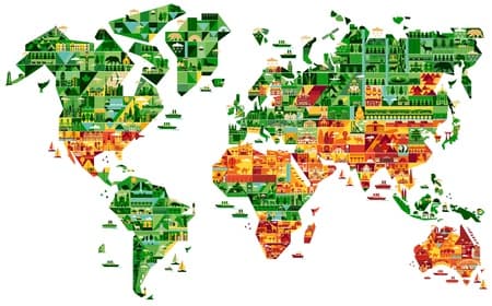 Cartoon world map with landscape and animal. Vector illustration.