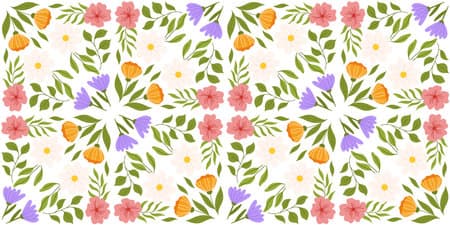 Seamless pattern with floral elements. Botanical inspired repeated design with lilac, orange and white flowers, pink cherry blossom, different leaves.