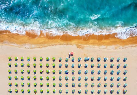 Colorful sunny beach aerial view. Drone!